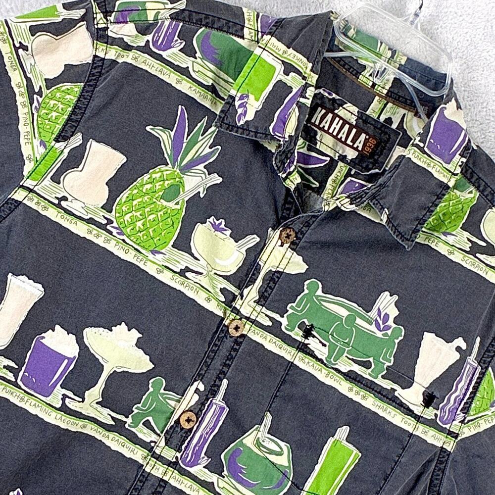 Kahala 1936 Hawaiian Camp Shirt Mens M Gray Green Drinks Cocktails Rum AOP Aloha